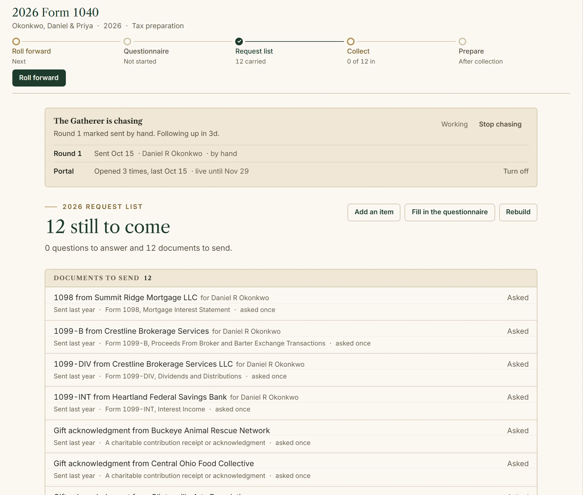 The Gatherer: 12 still to come · round 1 sent.