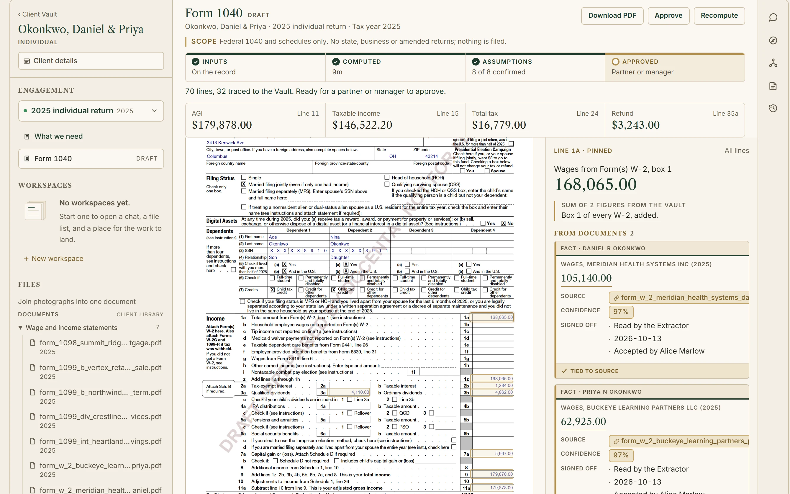 The drafted Form 1040 with line 1a pinned: the two W-2s it adds, each with its source.